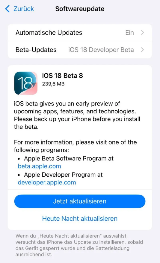 美溪苹果手机维修分享苹果 iOS / iPadOS 18 开发者预览版 Beta 8 发布 